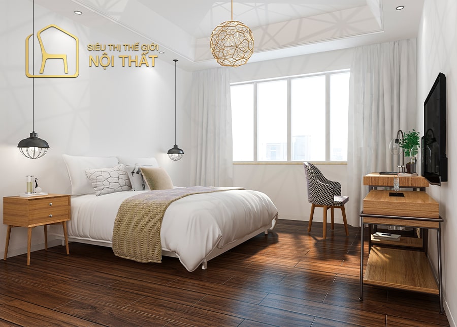 Nội thất phòng ngủ với gỗ tự nhiên được tôn lên tính thẩm mỹ