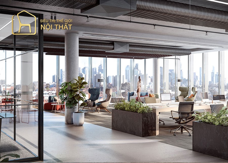 Mẫu nội thất văn phòng 400m2 với bàn làm việc tích hợp hai chỗ ngồi, giúp nhân viên thoải mái làm việc