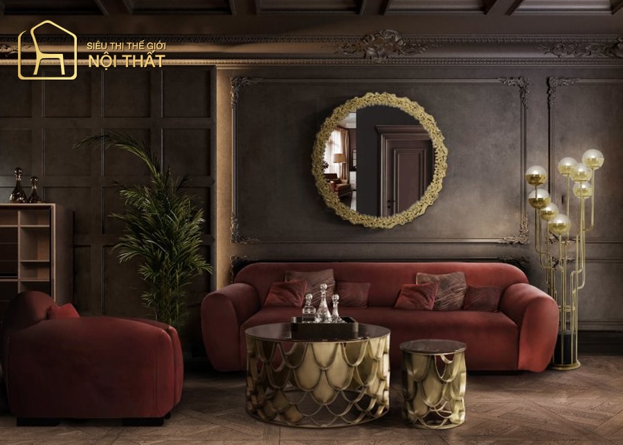 Mẫu phòng khách cổ điển cao cấp bố trí bộ ghế sofa nệm mềm mại cao cấp với đường nét