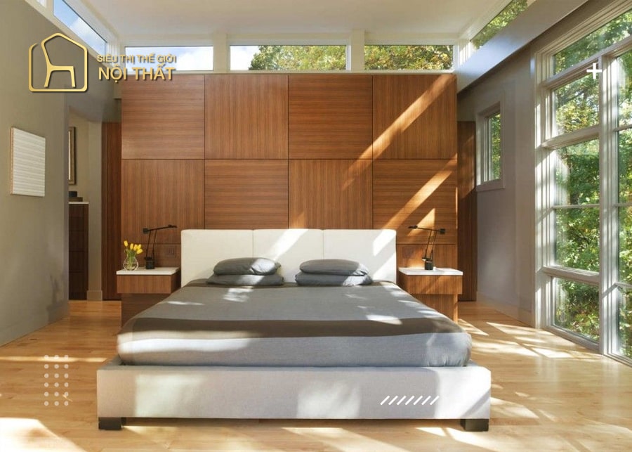 Phòng ngủ kết hợp hài hoà giữa chất liệu gỗ công nghiệp với ánh sáng tự nhiên