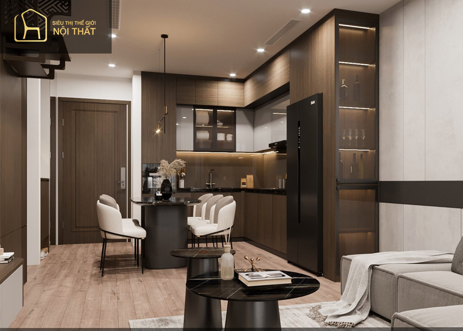 Phòng bếp và phòng khách trong lối thiết kế căn hộ hiện đại, không bị gò bó 