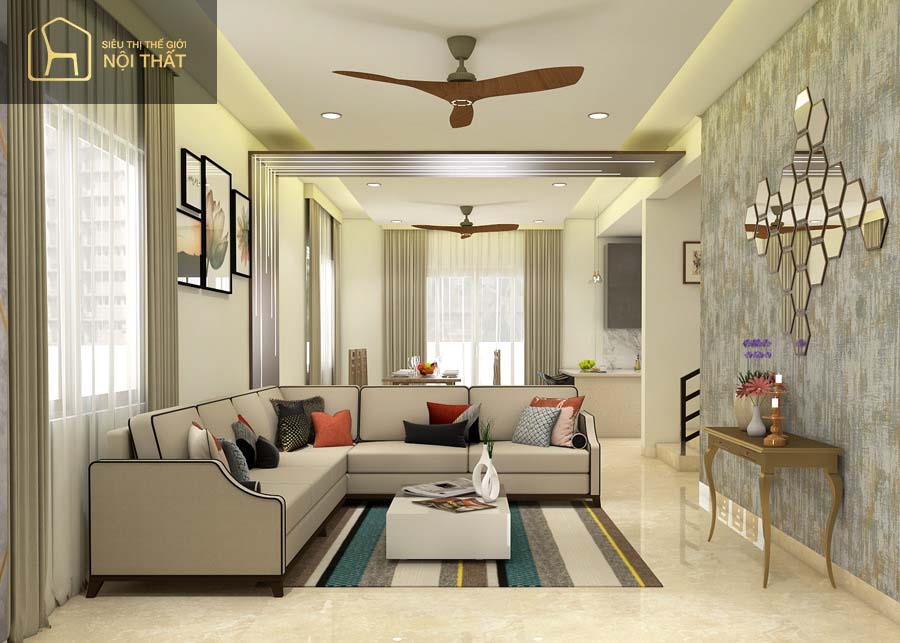 Bộ sofa da hình chữ L, thảm trải sàn, ốp gương trên tường đều dễ gây ấn tượng về thị giác 
