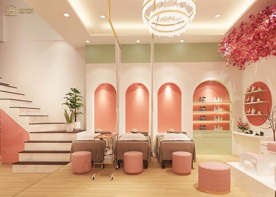 Mẫu 9: Màu hồng pastel tạo nên dấu ấn riêng biệt cho spa