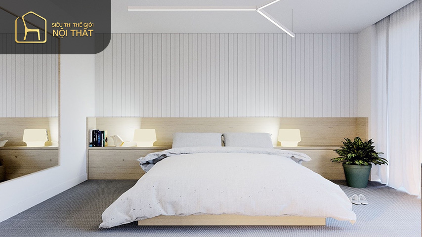 Phòng ngủ với phong cách Scandinavian vô cùng mộc mạc gần gũi với thiên nhiên đem đến sự thư thái và bình yên cho gia chủ sau những giờ làm việc mệt mỏi