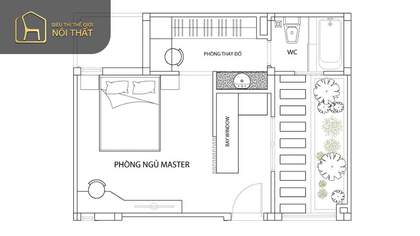 Thiết kế mặt bằng phòng ngủ master hiện đại có WC riêng tạo nên không gian đẹp và tiện nghi nhất cho căn phòng ngủ của bạn
