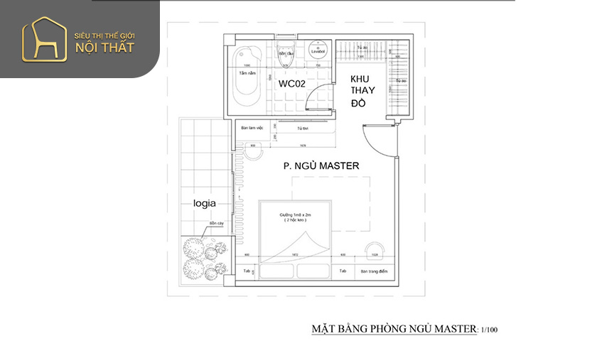 Bản thiết kế mặt bằng phòng ngủ master hiện đại sang trọng qua bố cục 2D