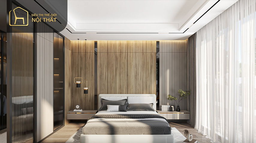 Nội thất phòng ngủ chính bao gồm giường ngủ lớn, tủ quần áo, phòng thay đồ, tủ đầu giường, bàn trang điểm, nhà vệ sinh riêng....