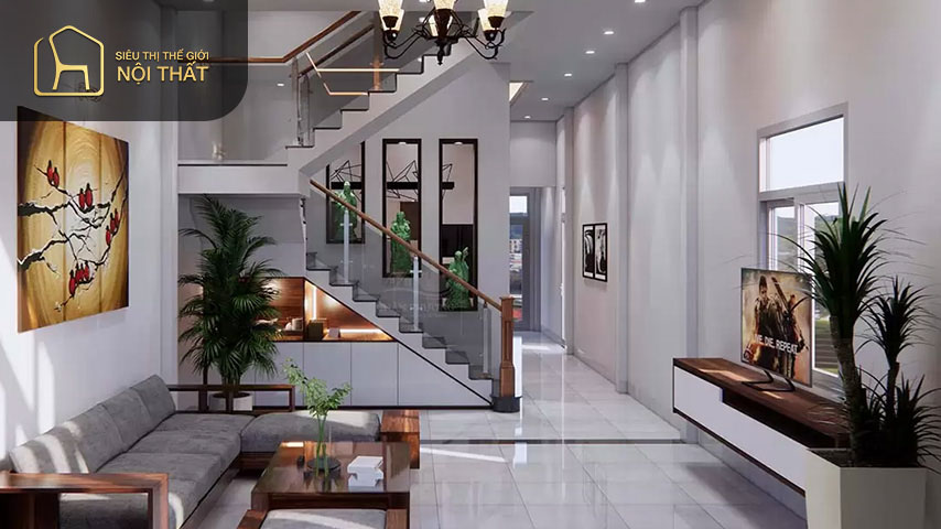 Mẫu phòng khách có cầu thang được thiết kế theo phong cách năng động giúp căn phòng trở nên gọn gàng ngăn nắp