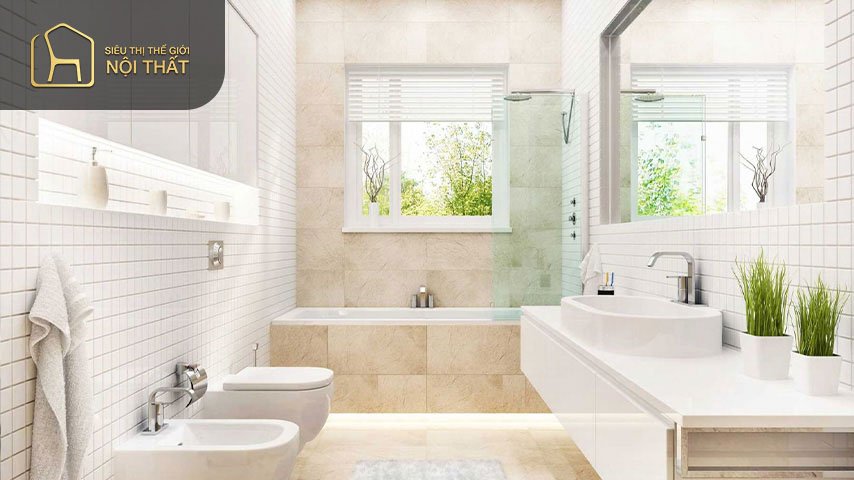 Nhà vệ sinh đẹp cho biệt thự thường có diện tích rộng vì vậy việc bố trí nội thất không gò bó tuy nhiên cần sắp xếp các vị trí đồ nội thất cách nhau một khoảng hợp lí để tạo sự hài hòa