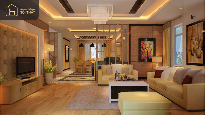Phòng khách tân cổ điển nhà ống được thiết kế bằng chất liệu gỗ giúp đem lại không gian cực sang trọng đẳng cấp