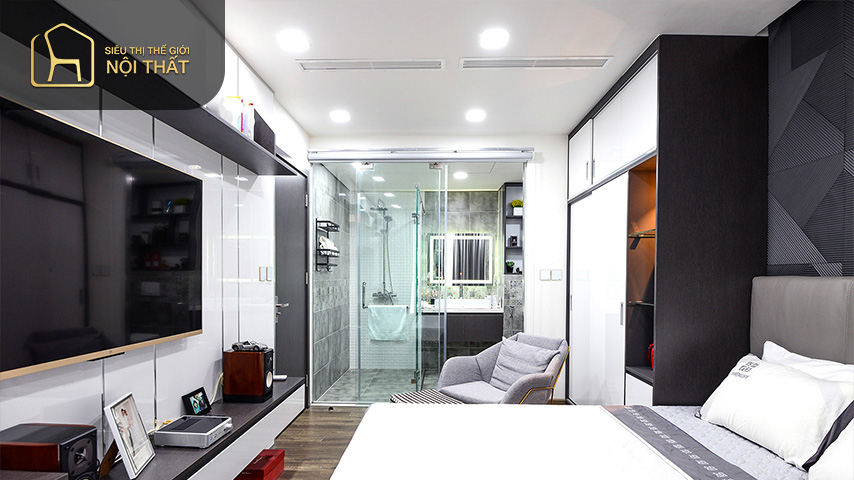 Với các mẫu thiết kế phòng ngủ có nhà vệ sinh 16m2 bạn có thể bố trí nhà vệ sinh chiếm ⅓ căn phòng