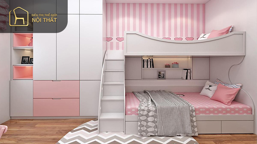 Với mẫu phòng ngủ cho 4 bé gái thì bố trí giường tầng là lựa chọn hợp lý