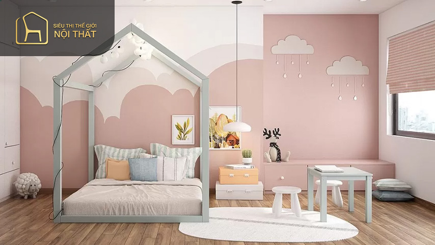 Với phòng ngủ 15m2 - 20m2 có thể bố trí thêm một số nội thất cần thiết khác để phục vụ nhu cầu sinh hoạt của trẻ
