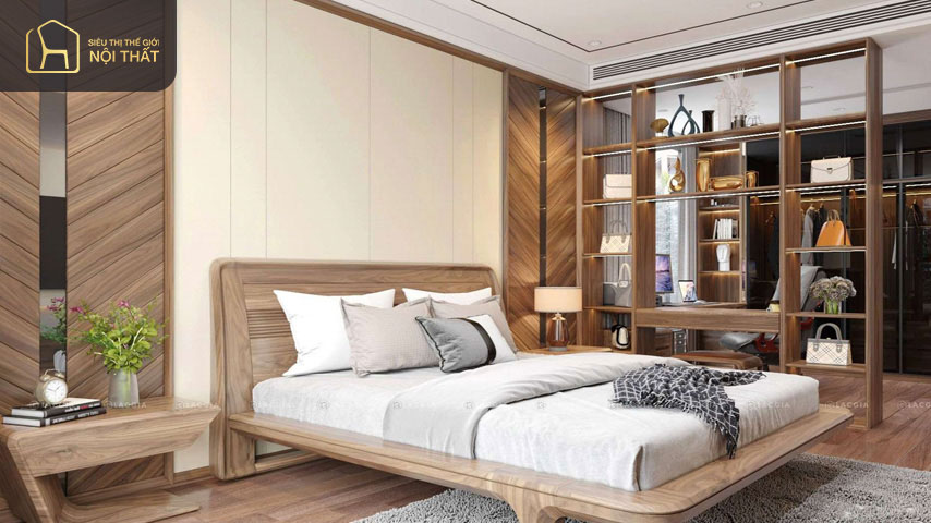 Trang trí phòng ngủ 15m2 sử dụng chất liệu gỗ kết hợp với cây xanh tạo sự mộc mạc gần gũi với thiên nhiên