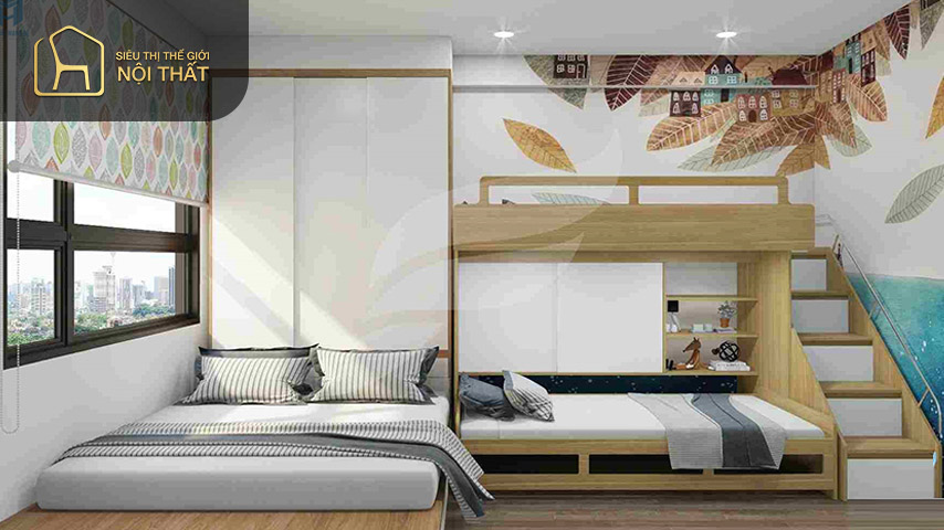 Với phòng ngủ có diện tích tương đối nhỏ thì giường tầng là lựa chọn vô cùng hợp lí