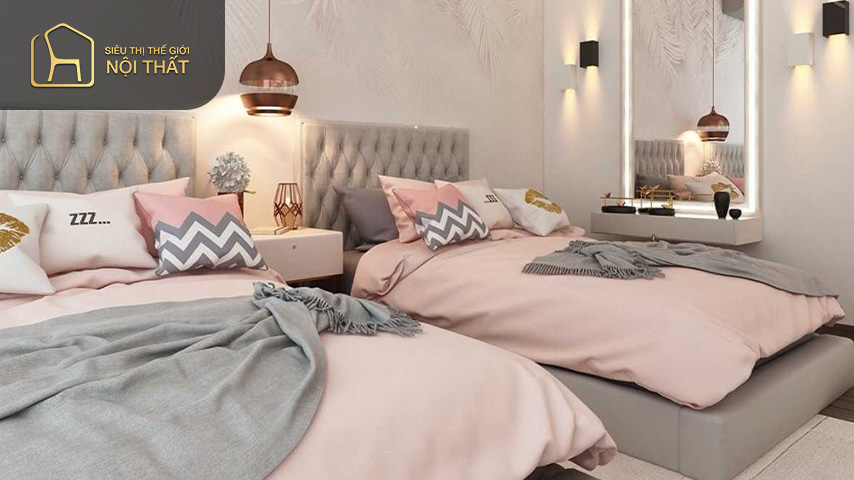 Phòng ngủ 2 giường cho bé gái nên sử dụng những gam3 màu nhẹ nhàng dễ thương như hồng, vàng, cam…để tạo sự mềm mại tươi sáng cho căn phòng