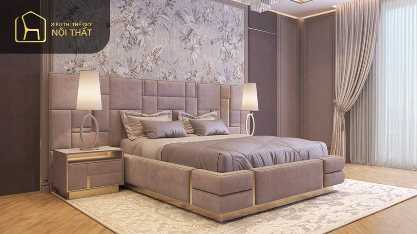 Thiết kế phòng ngủ đẹp cho vợ chồng với giấy dán tường giúp che đi những khuyết điểm trên tường đồng thời đem đến sự ấm áp ngọt ngào