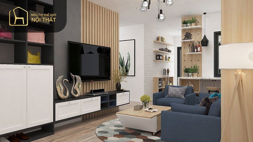 Kệ trang trí phòng khách hiện đại bằng gỗ công nghiệp có thể phủ sơn màu làm tăng tính thẩm mỹ