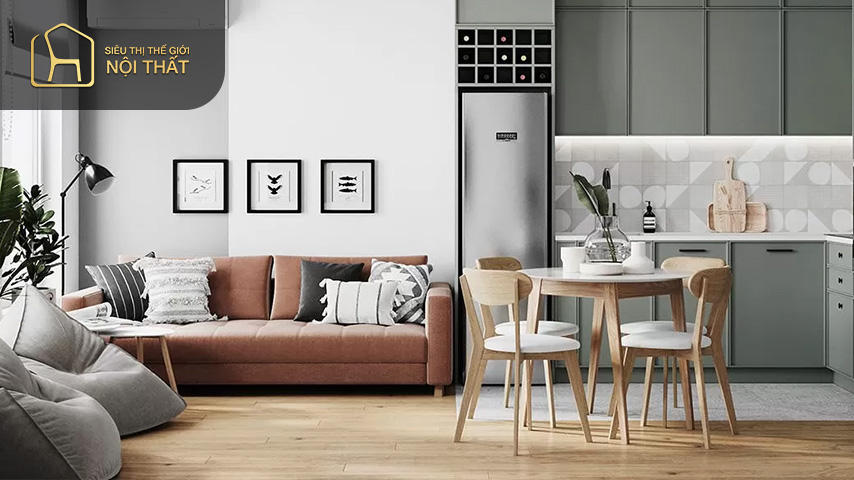Thiết kế phòng bếp thông phòng khách 15m2 nên lựa chọn thiết kế không gian mở để tiết kiệm diện tích