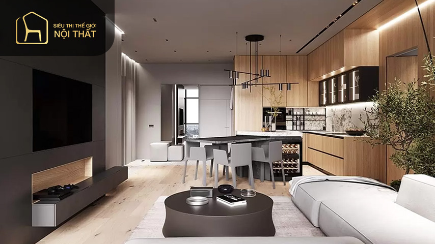 Sử dụng vách ngăn gỗ để thiết kế phòng khách liên thông nhà bếp 20m2 giúp tiết kiệm khá nhiều chi phí
