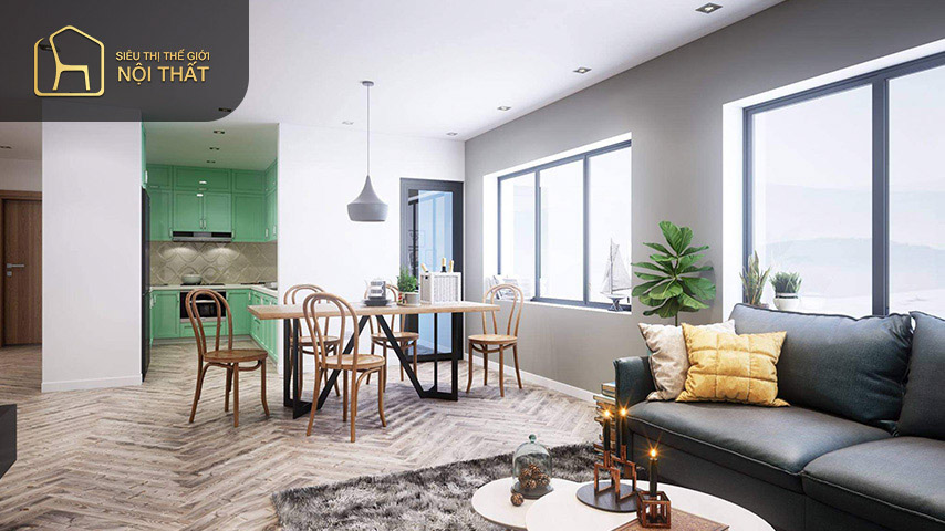 Thiết kế phòng khách và bếp thông nhau phong cách hiện đại chủ yếu sử dụng nội thất đơn giản đem đến sự thoáng mát cho căn phòng