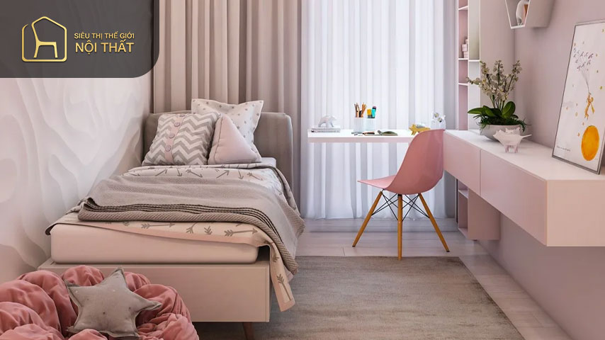 Phòng ngủ bé gái diện tích 9m2 mang phong cách hiện đại mang lại cảm giác nhẹ nhàng, nữ tính