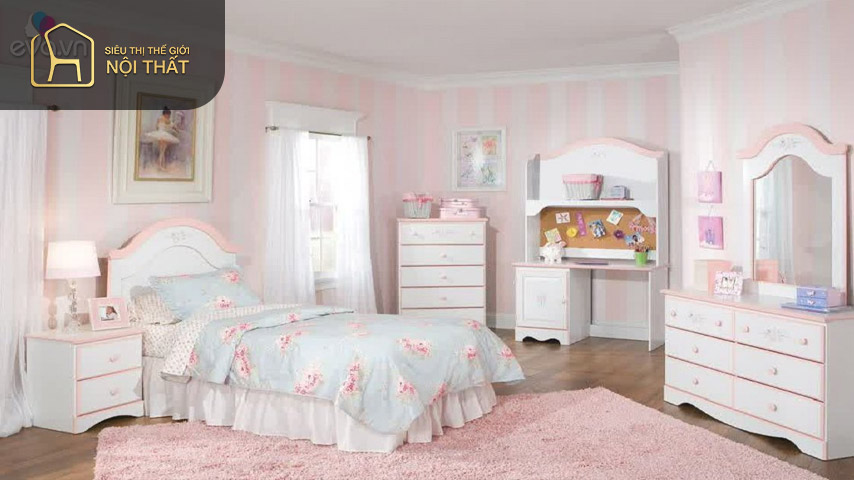 Một căn phòng ngủ cute thể hiện rõ nhất qua cách sử dụng màu sắc chủ đạo trong phòng