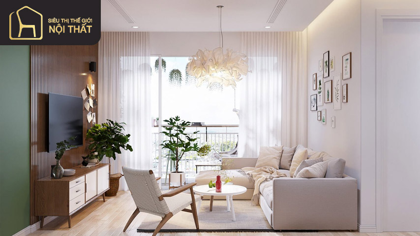 Các không gian chính của thiết kế căn hộ 70m2 bao gồm phòng khách, phòng ngủ và nhà bếp