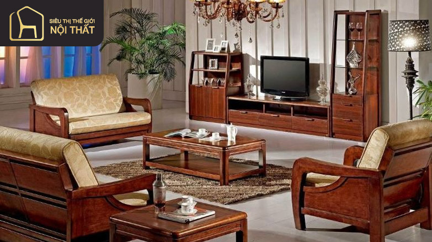Bộ bàn ghế gỗ công nghiệp kết hợp kệ tủ và kệ TV đặt trong phòng khách