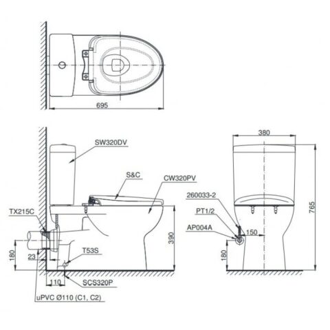 Bàn cầu hai khối, nắp đóng êm kèm vòi rửa nước lạnh TCW1211A