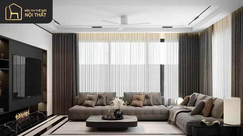 Mẫu trần thạch cao đẹp cho phòng khách có kết hợp quạt trần thanh lịch tinh tế 
