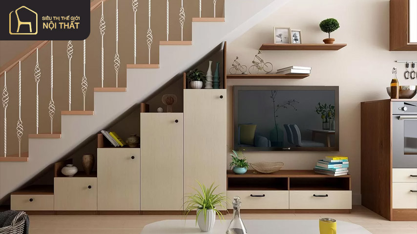 Nên chọn màu sắc và chất liệu tủ chân cầu thang đồng bộ với màu sắc của tổng thể không gian