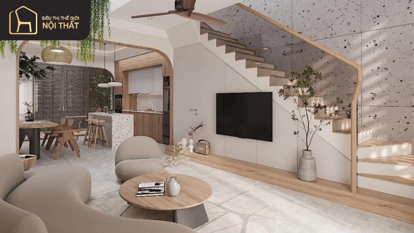 Tổng hợp mẫu thiết kế phòng khách nhà ống 5m có cầu thang