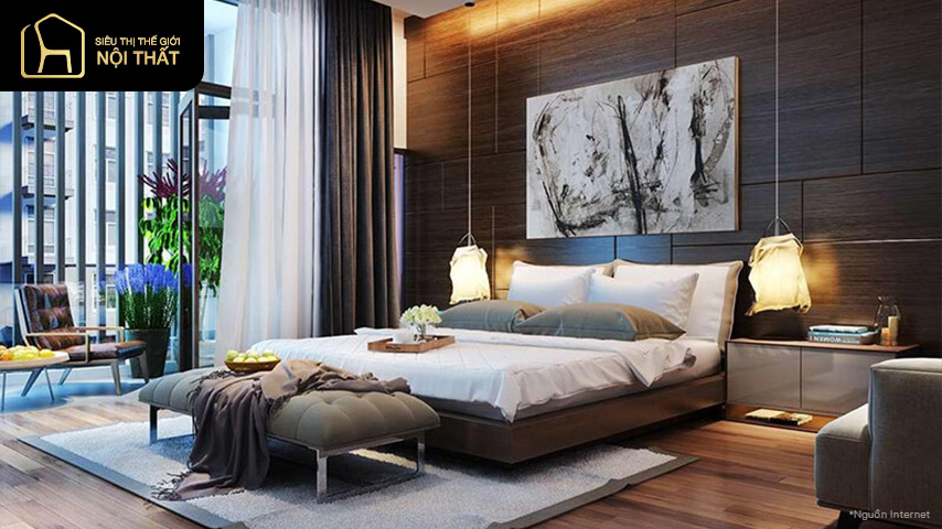 Phòng ngủ vợ chồng hạnh phúc, hòa hợp với thiên nhiên nhờ cửa sổ lớn đón nắng và giấy dán tường họa tiết cây hoa